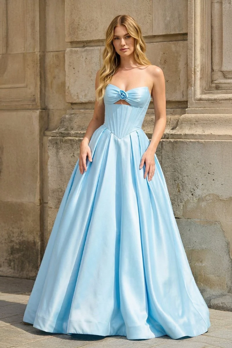 Pink Strapless A Line Pleated Satin Long Prom Dresses With Flower