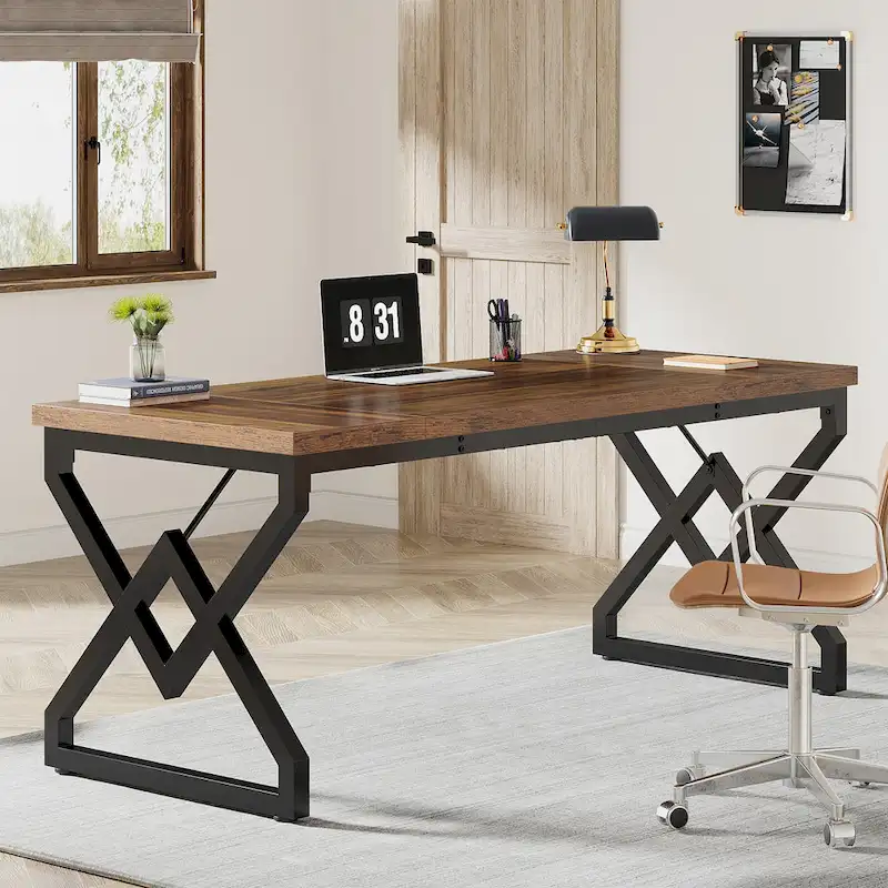 63-inch Large Office Desk with Metal Frame and Wooden Tabletop