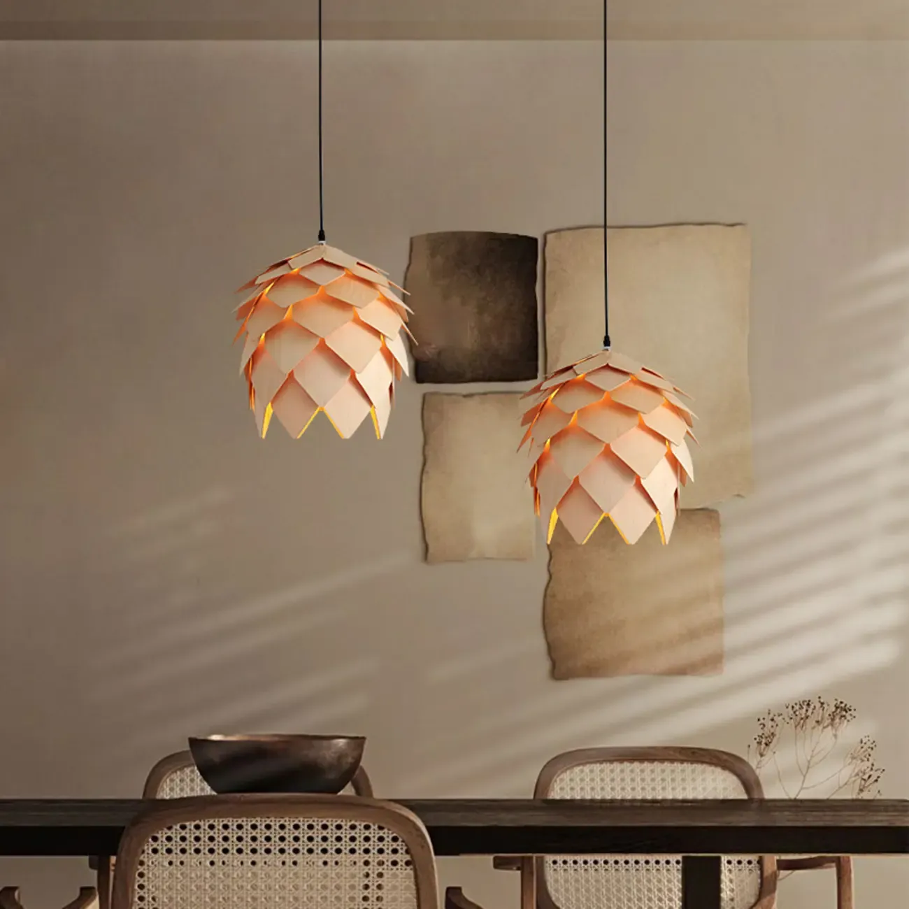 Exquisite Solid Wood Pine Cone Pendant Light Hanging Lamp