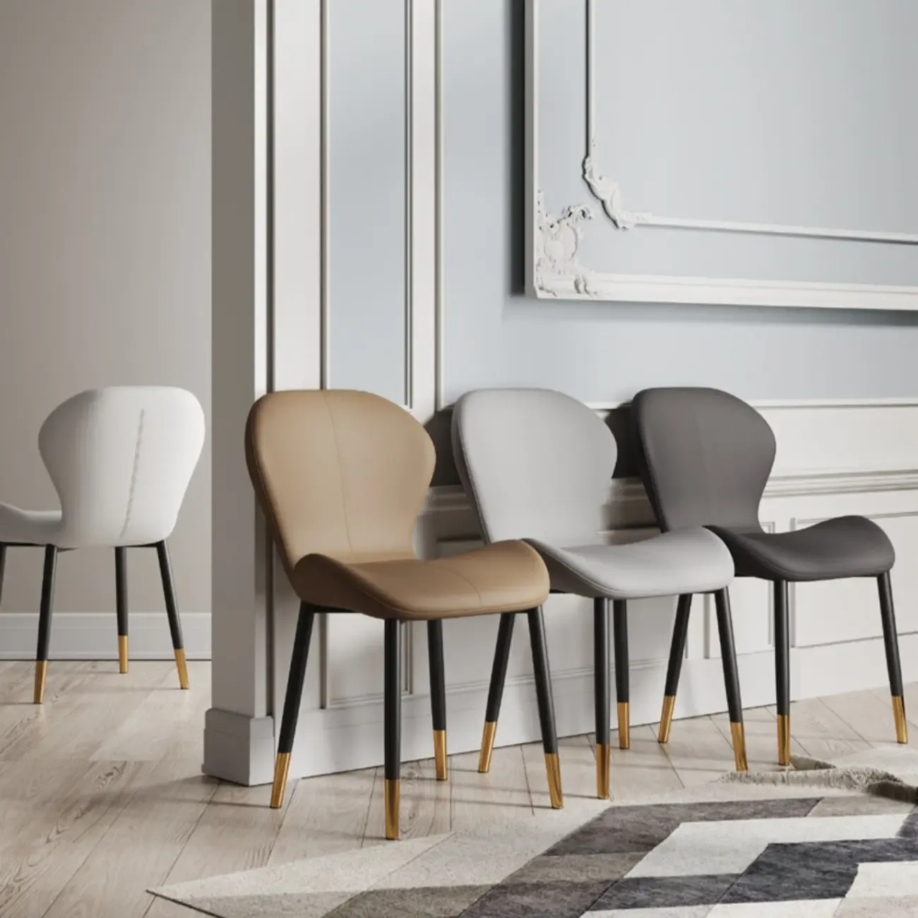 Art Deco Curved Back Leather Dining Chair Solid Back