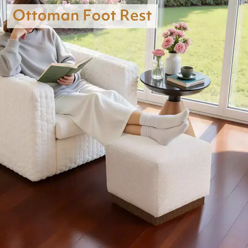 Bekrvio Cube Pouf Ottoman with Wood Grain Base, Lambswool/Leather Upholstered Footrest with Solid Acacia Wood Frame (500 lbs), Living Room Ottoman