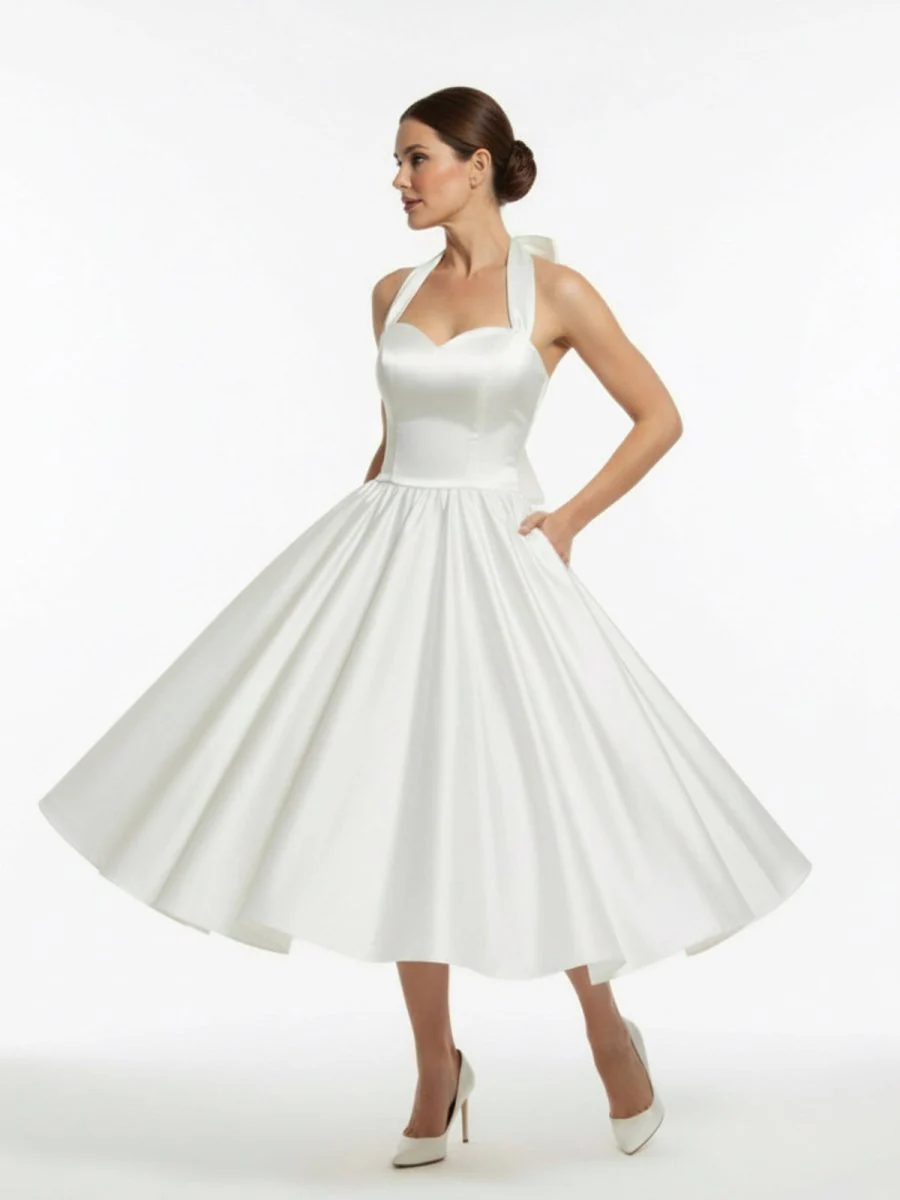 White A-Line Halter Sleeveless Tea Length Satin Bridal Gowns With Bow(s) Pleats