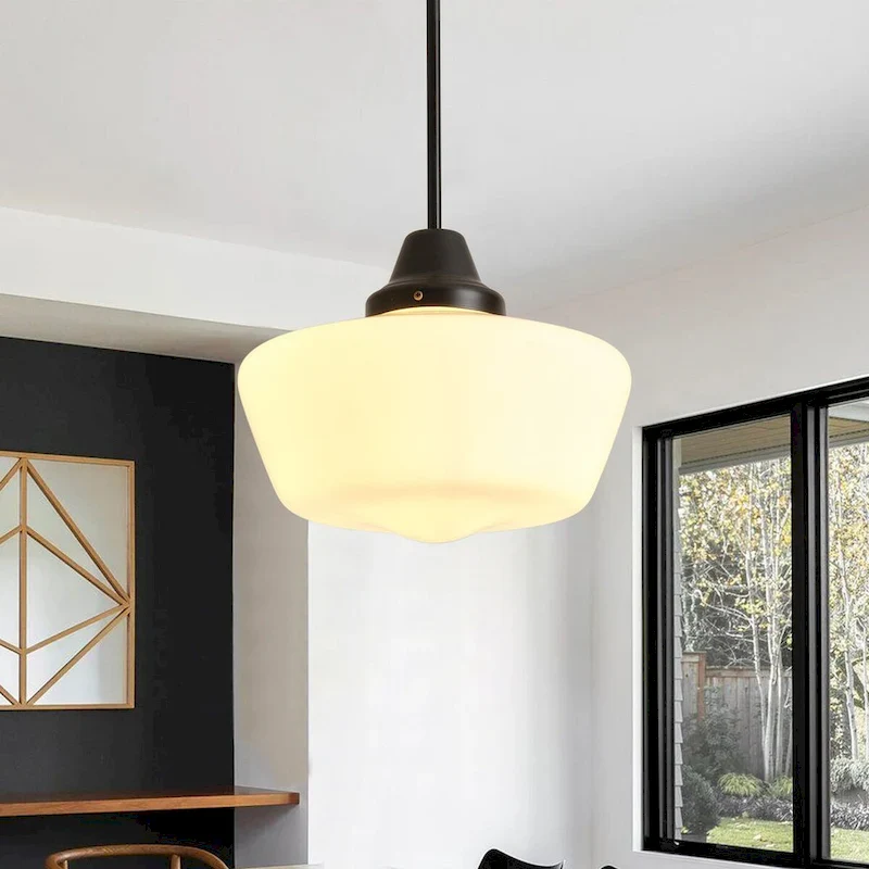 Modern Black 1-Light Pendant Light Fixture with Opal Glass Shade