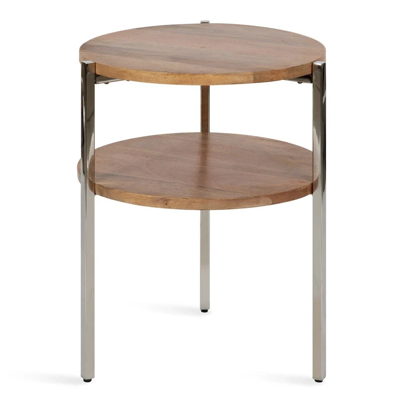 Natural & Silver 2-Tier Round Side Table with Solid Mango Wood Tops & Stainless Steel Legs, Boho Style, 1-Person