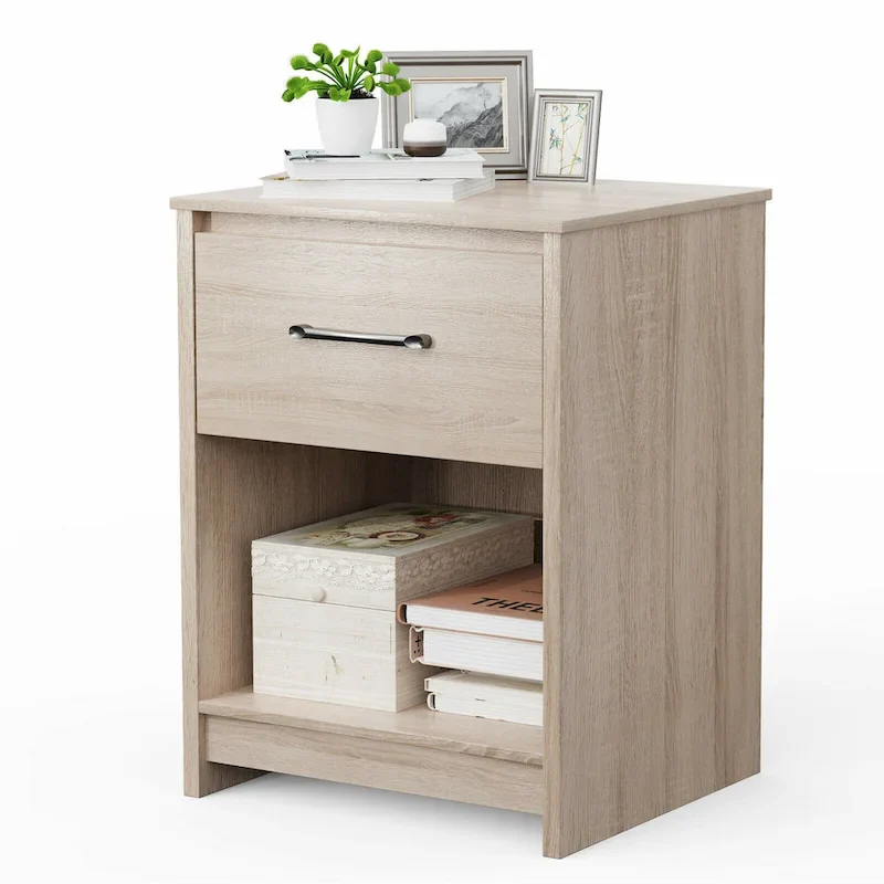 Nightstand with Drawer Storage Shelf Wooden End Side Table