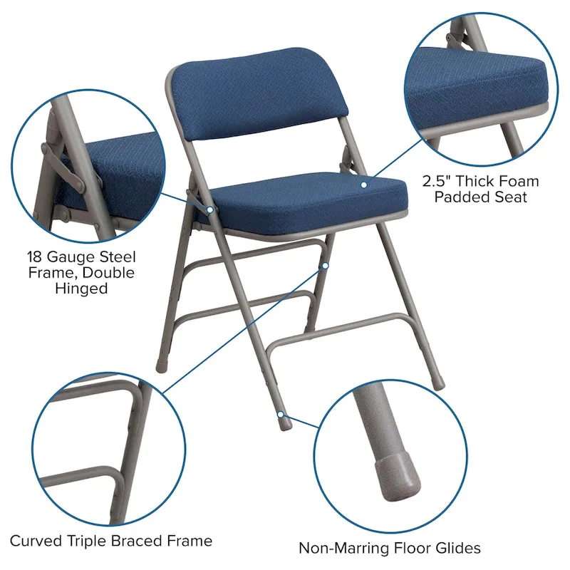 2 Pack Curved Triple Braced & Hinged Fabric Upholstered Metal Folding Chair