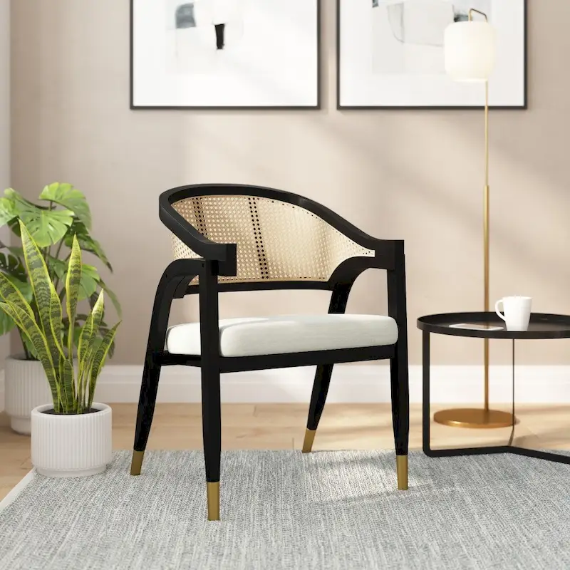 Cane Rattan Dining Chair with Upholstered Seat and Armrests