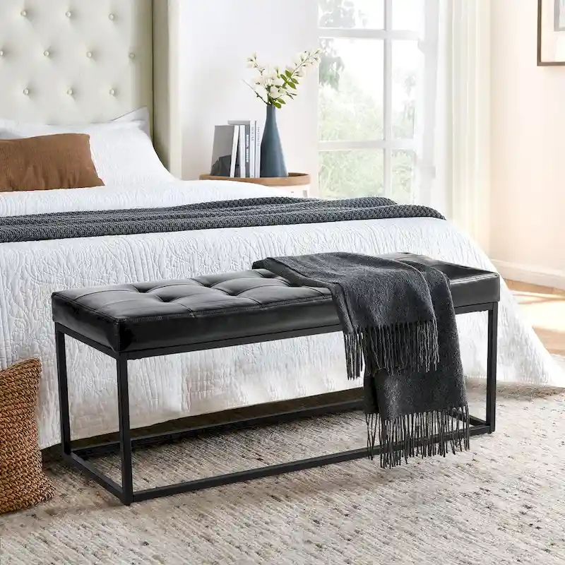 45W Modern Black Tufted Upholstered Bench with Metal Frame Legs - 45W x 19H x 17.5D