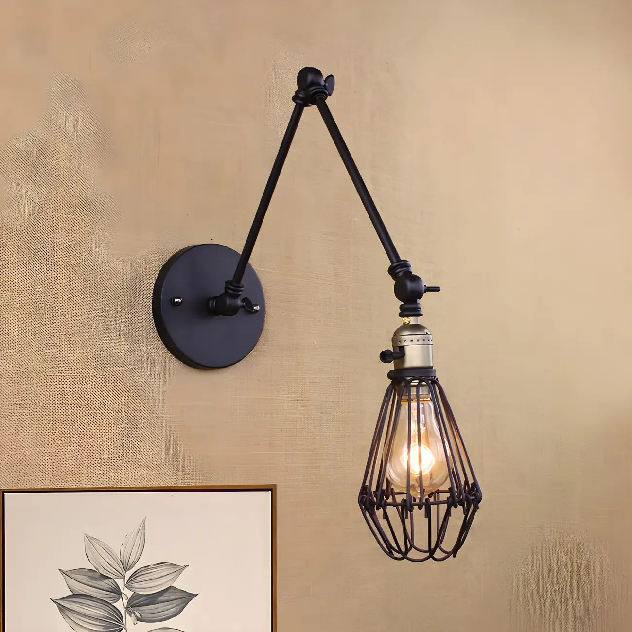 Industrial Black Wire Cage Swing Arm Wall Light