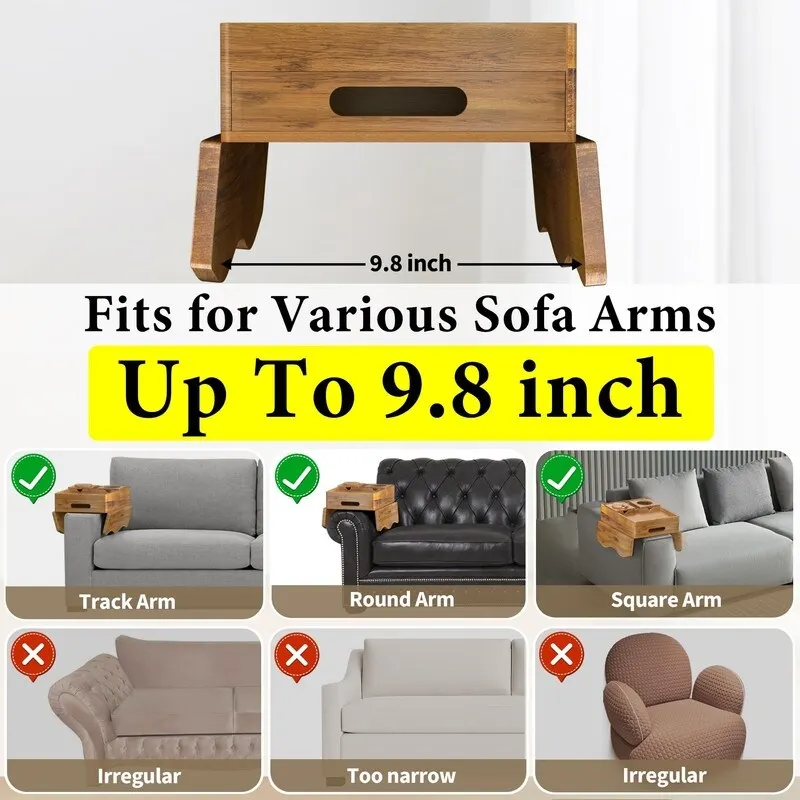 Brown Wooden Sofa Armrest Tray with Cup Holders - Multi-Person Use
