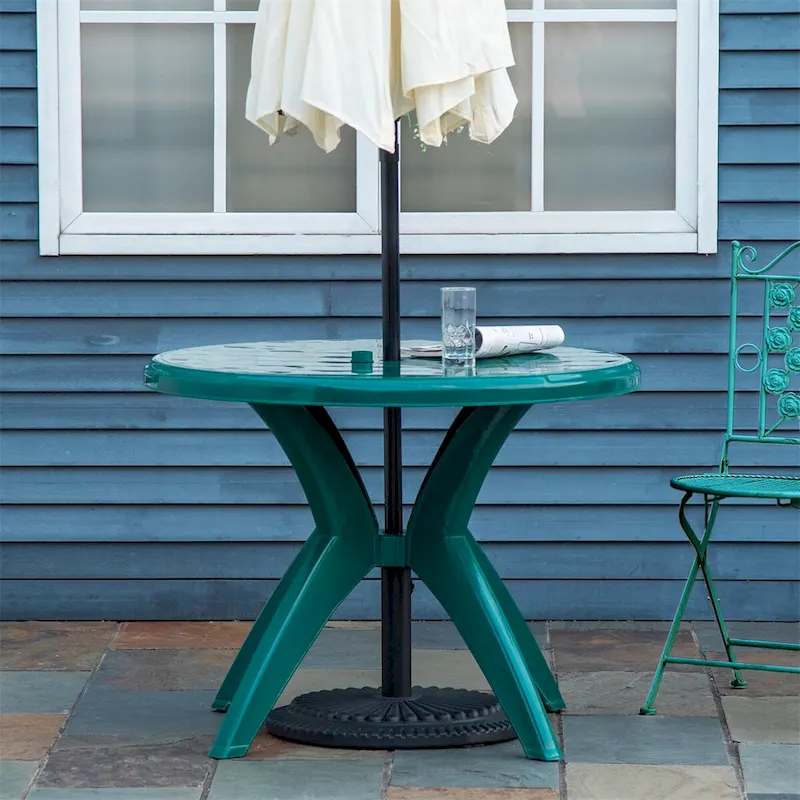 Outsunny Round Plastic Patio Table with Umbrella Hole,Dining Table
