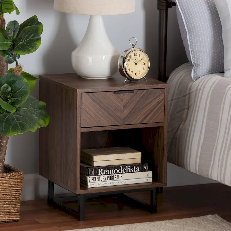 Modern Walnut Brown Finished Wood and Black Metal 1-Drawer End Table