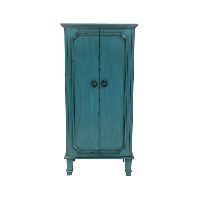 Vintage Turquoise Hand Painted Jewelry Armoire with Antique Drawer Pulls - 13.8 x 19 x 40 inches