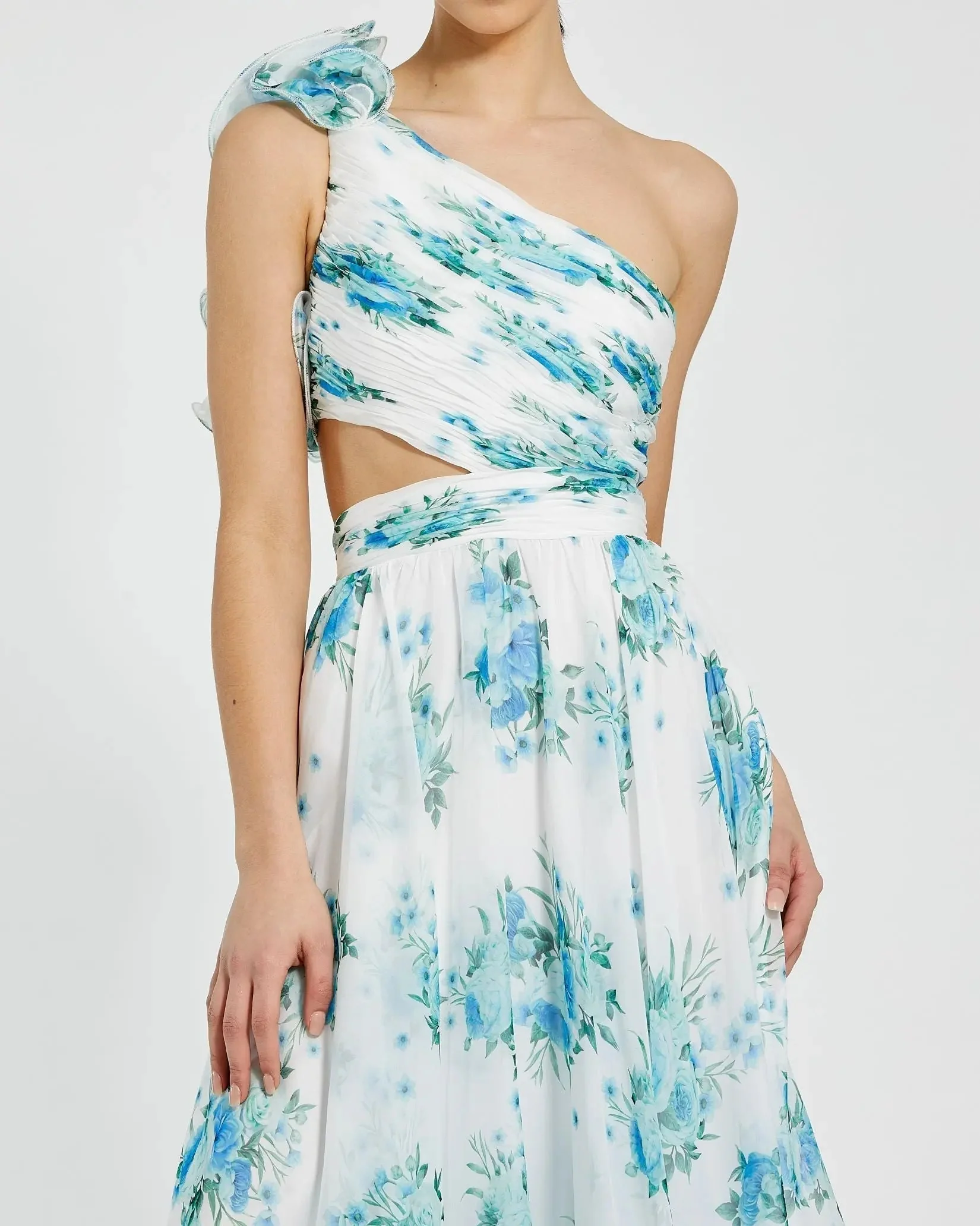 White One Shoulder Ruffle Cut-Out Chiffon Midi Dress