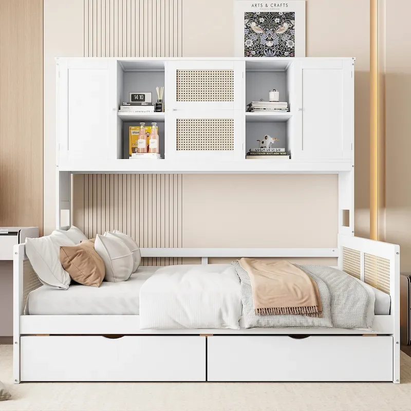 Twin Daybed with Storage Drawers, Cabinet, and Shelf, Sturdy Wood Construction