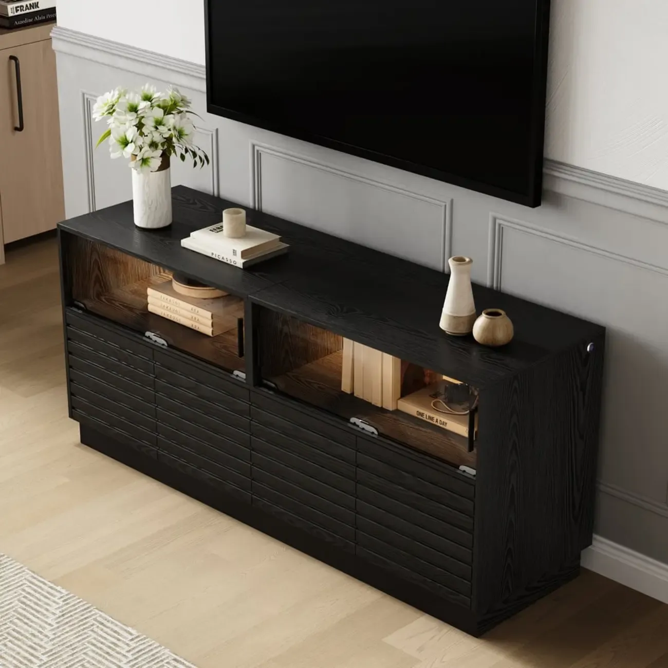 Modern Black Rectangular Wooden LED TV Stand