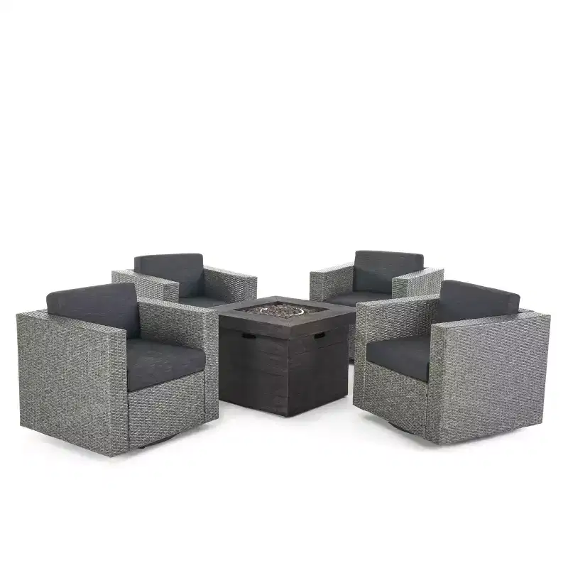 GDFStudio Venice Outdoor Wicker 5 Piece Swivel Club Chair and Fire Pit Set with Cushions