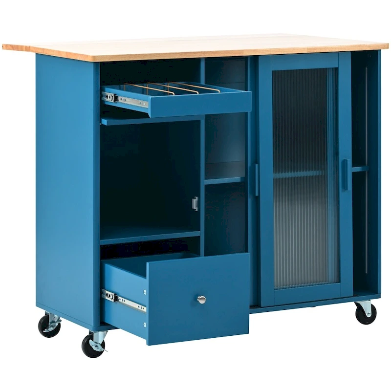 LED Light Kitchen Cart with Drop Leaf and Adjustable Shelf