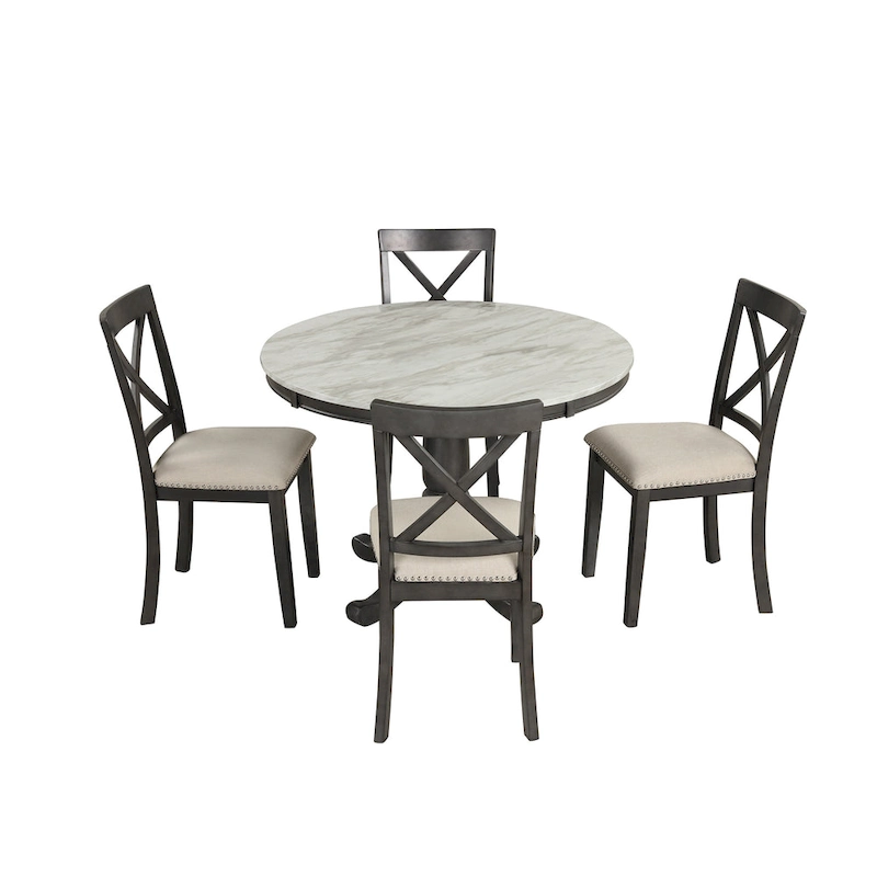 Modern Style Wooden 5-Piece Dining Set with Round Table amd 4 Upholstered Chairs