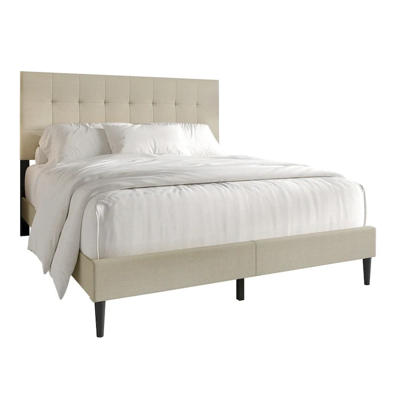 Beige / Light Grey / Black Linen Upholstered Platform Bed with Square Stitching Headboard – Twin / Full / Queen / King