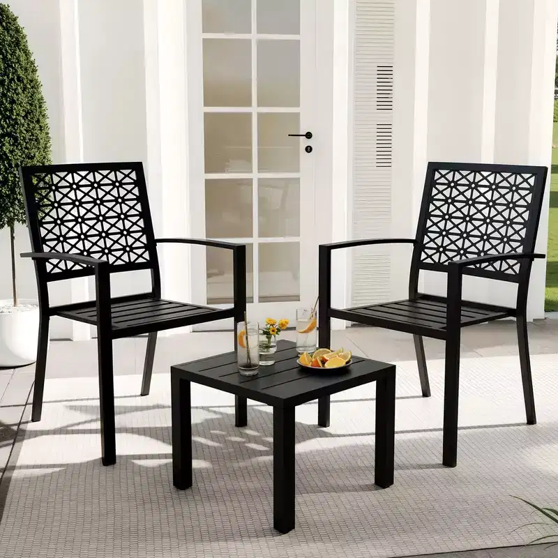 3 Piece Patio Bistro Set, Steel Outdoor Chairs and Table Set for 2, Small Modern Patio Furniture Set, Metal Porch Chairs with Tea Table