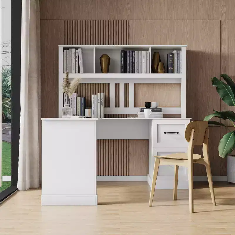 Okak 59.84IN Minimalism L Shaped Desk with Bookshelf, Standing Desk with 2 Drawers, Gaming Desk for Study, Reading Room, Office