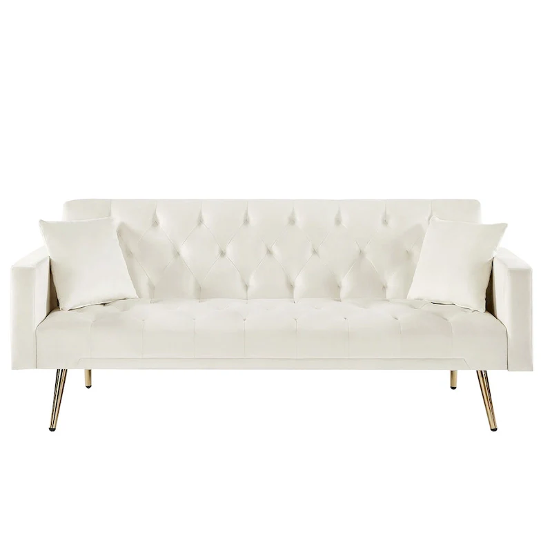 Tufted Upholstered Convertible Folding Sofa Bed Cream White
