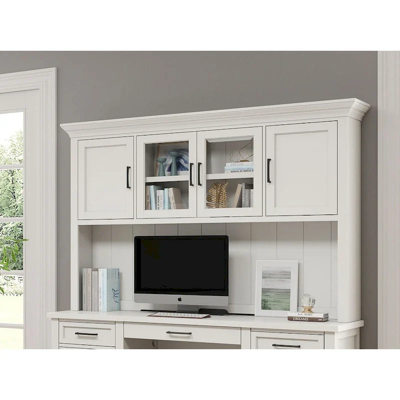 White Modern Shaker-Door Wood Hutch with Bead Board Panels & Black Hardware - Wood Finish
