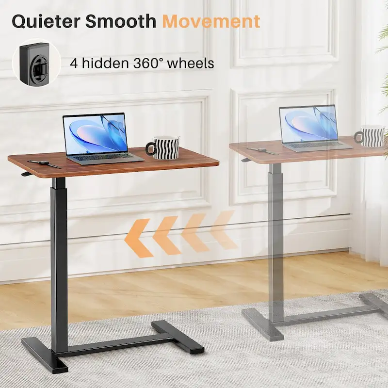 Mobile Standing Desk with Wheels Pneumatic Laptop Desk Rolling Computer Cart Movable Height Adjustable Small Stand Desk Home