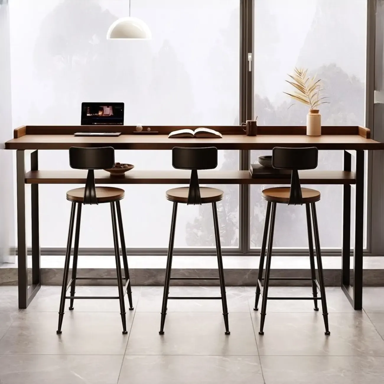 Modern Brown Tray Top Wooden Iron Shelf Bar Tables