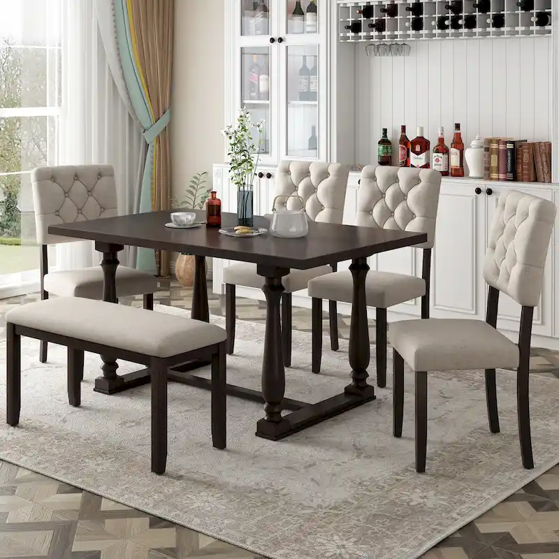 Espresso Retro 6-Piece Dining Set – Table, 4 Chairs & Bench (Seats 6)