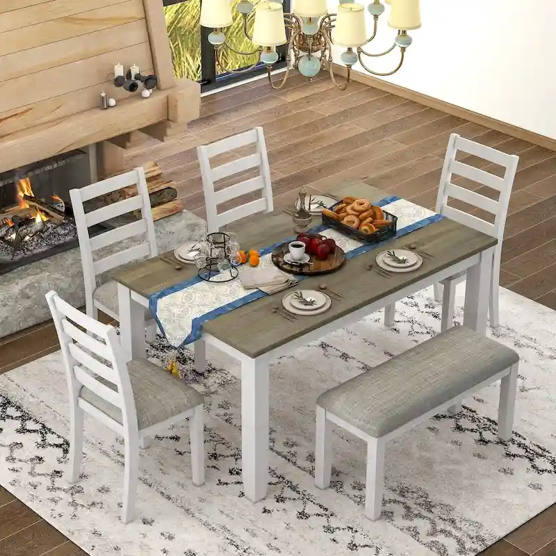 Brown & Whitewash 6-Piece Dining Set, Rectangular Table, 4 Chairs & Bench, Seats 6