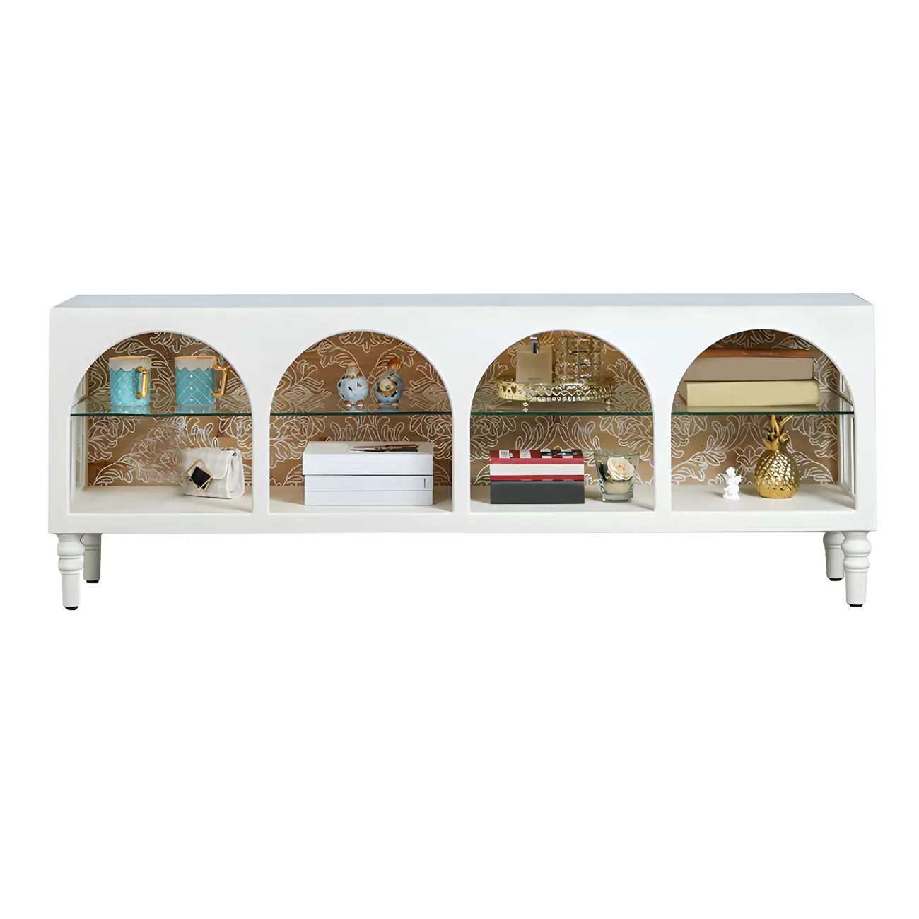 Rectangular White Wood Glass Shelf Display Cabinet
