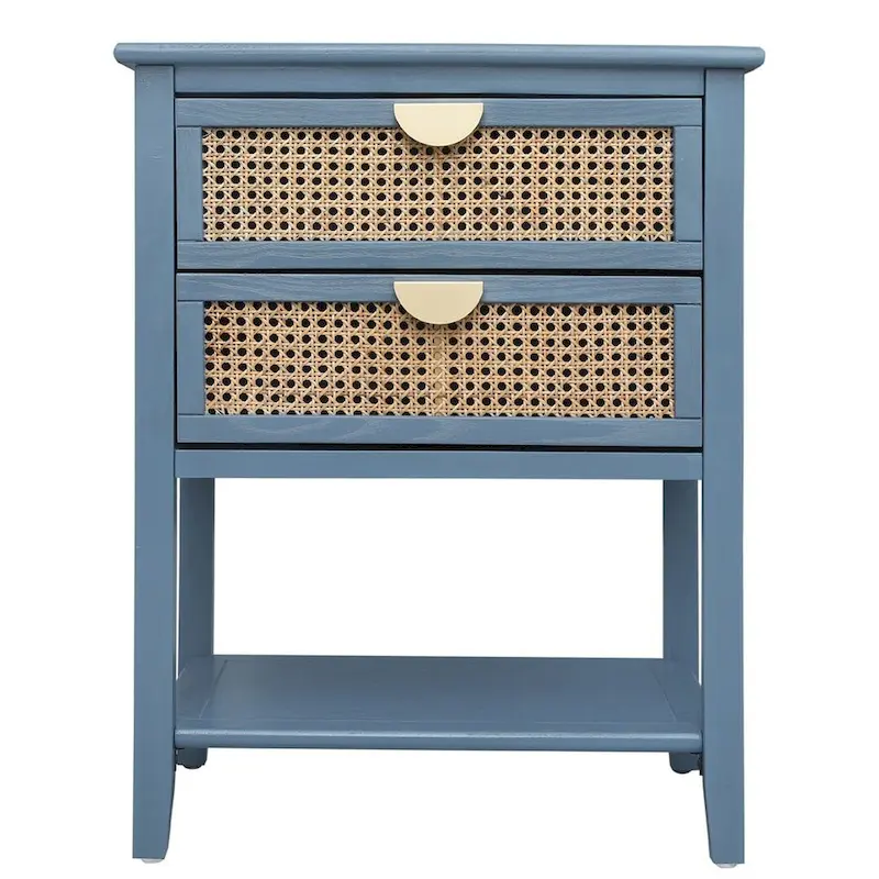 2-Drawer Natural Rattan Nightstand Side Table with Metal Handles - Bedroom End Table Sofa Table