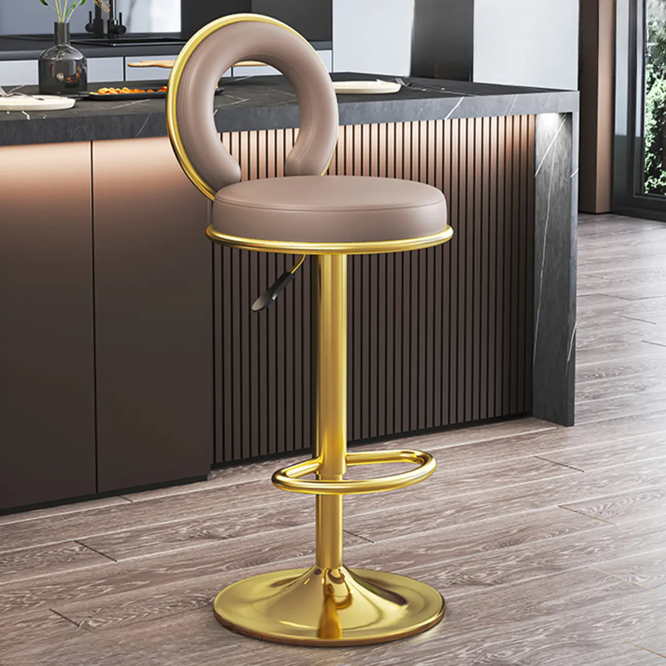 Glam Round Adjustable Leather Swivel Bar Stool with Back