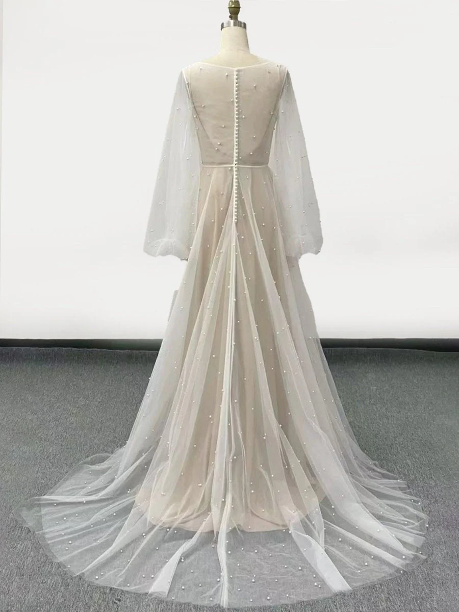 Simple Modest A-Line Long Sleeve Tulle Elopement Illusion Wedding Dress with Pearl