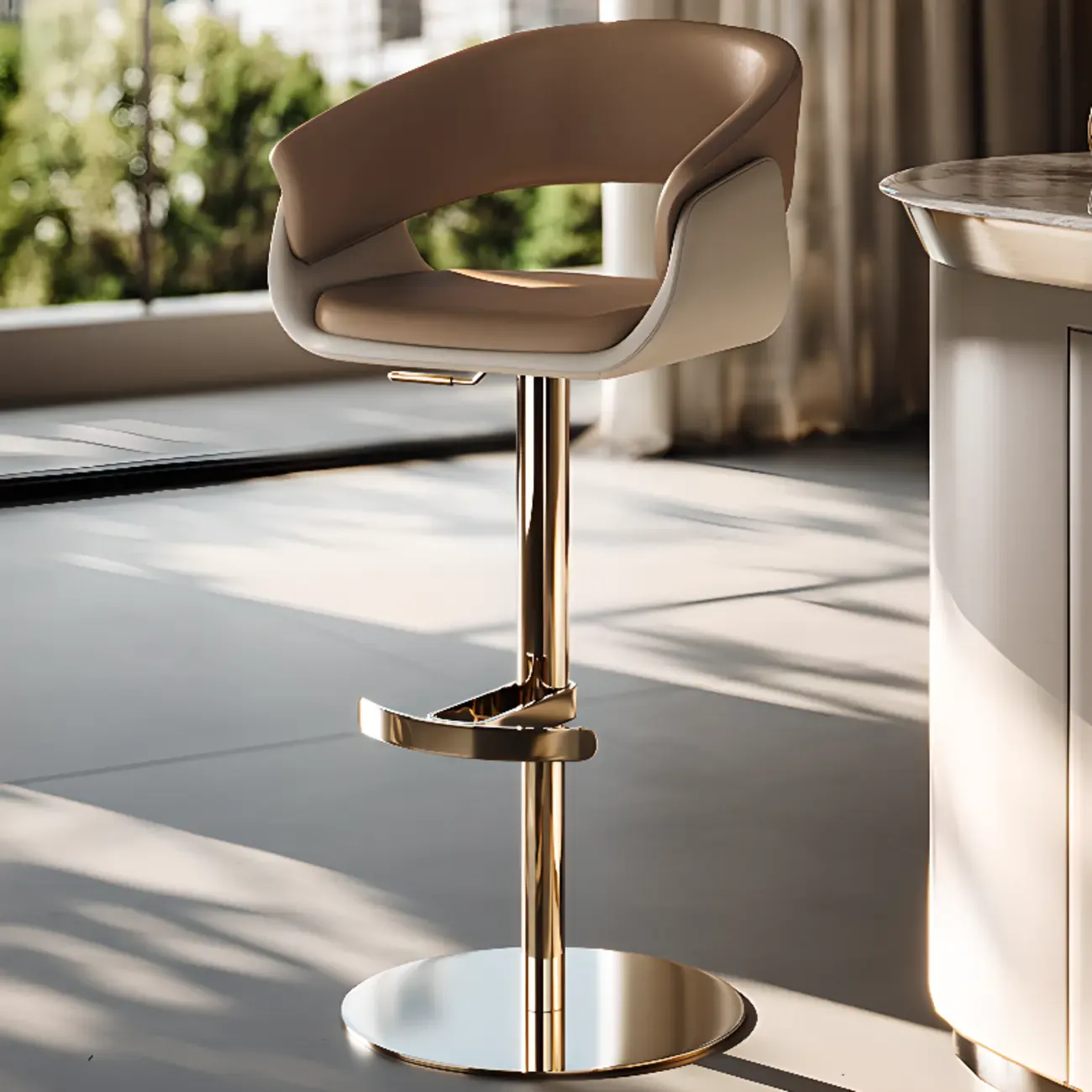 Brown Swivel Genuine Leather Counter Stools with Backs