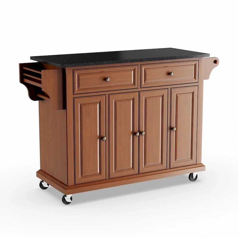 Full-Size Black Granite Top Mobile Kitchen Cart Cherry Finish 3 Cabinets Spice Rack