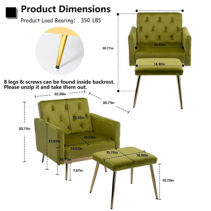 Velvet Tufted Convertible Armchair with Adjustable Backrest & Ottoman – Single