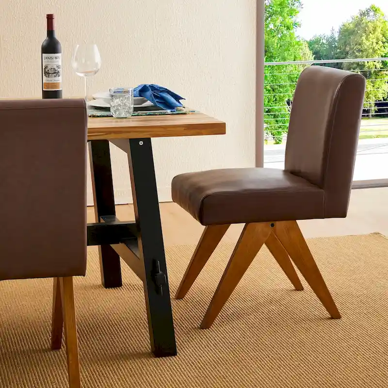 Glitzhome Set of 4 Faux Leather Upholstered Side Dining Chairs with V-shaped Wood Legs