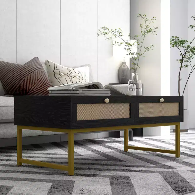 2 Rattan Drawers Coffee Table , Modern Center Table,Accent Wooden Tables for Living Room,