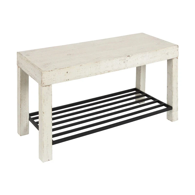 White / Rustic Brown / Gray Farmhouse Entryway Bench with Shoe Shelf, 2-Person