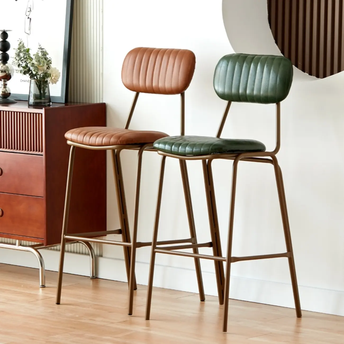 Mid Century Modern Leather Gold Frame Bar Stools with Backs