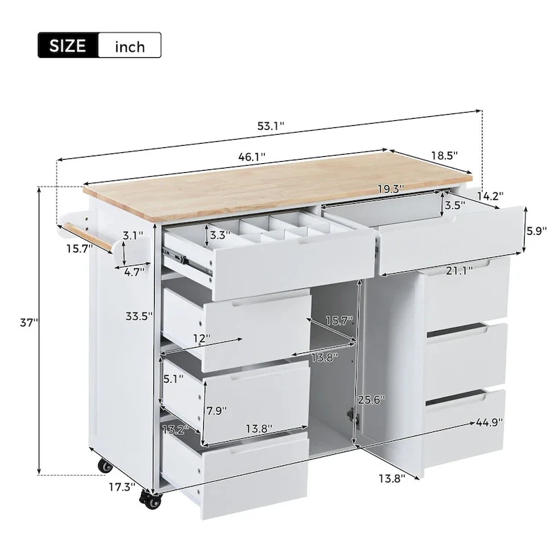 8 Drawer Rubber Wood Kitchen Island