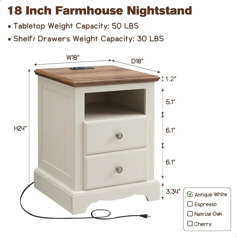 Vintage Wood Nightstand with Charging Station – Cherry / Antique White / Espresso / Natural Oak, Single