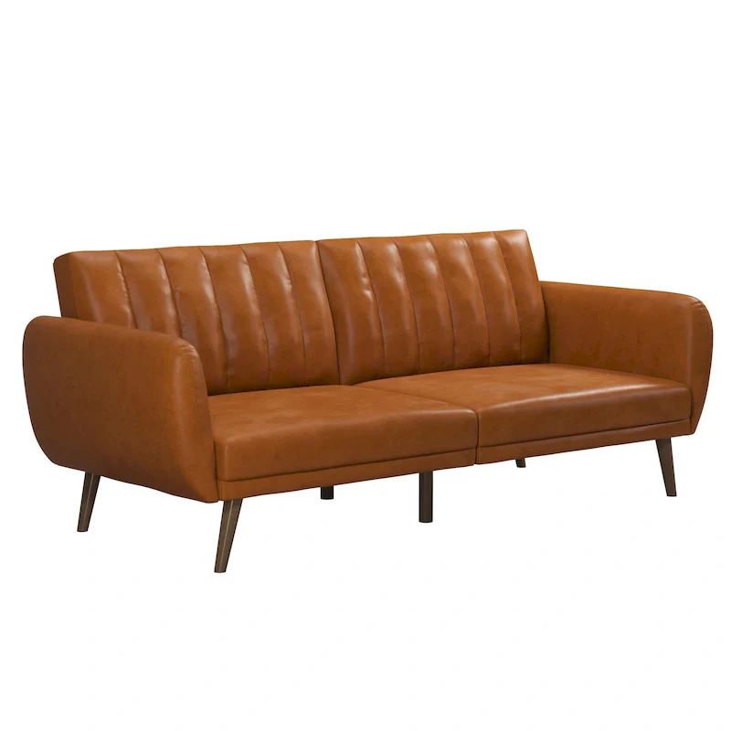 Camel / Black Faux Leather Convertible Futon Sofa, 2-Seater / Sleeper