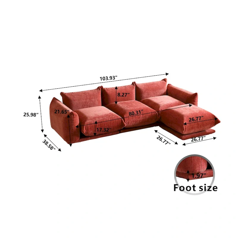 104 L-shape Chenille Modular Sofa Modern Sectional Semi-firm Sofa Couch with Ottoman