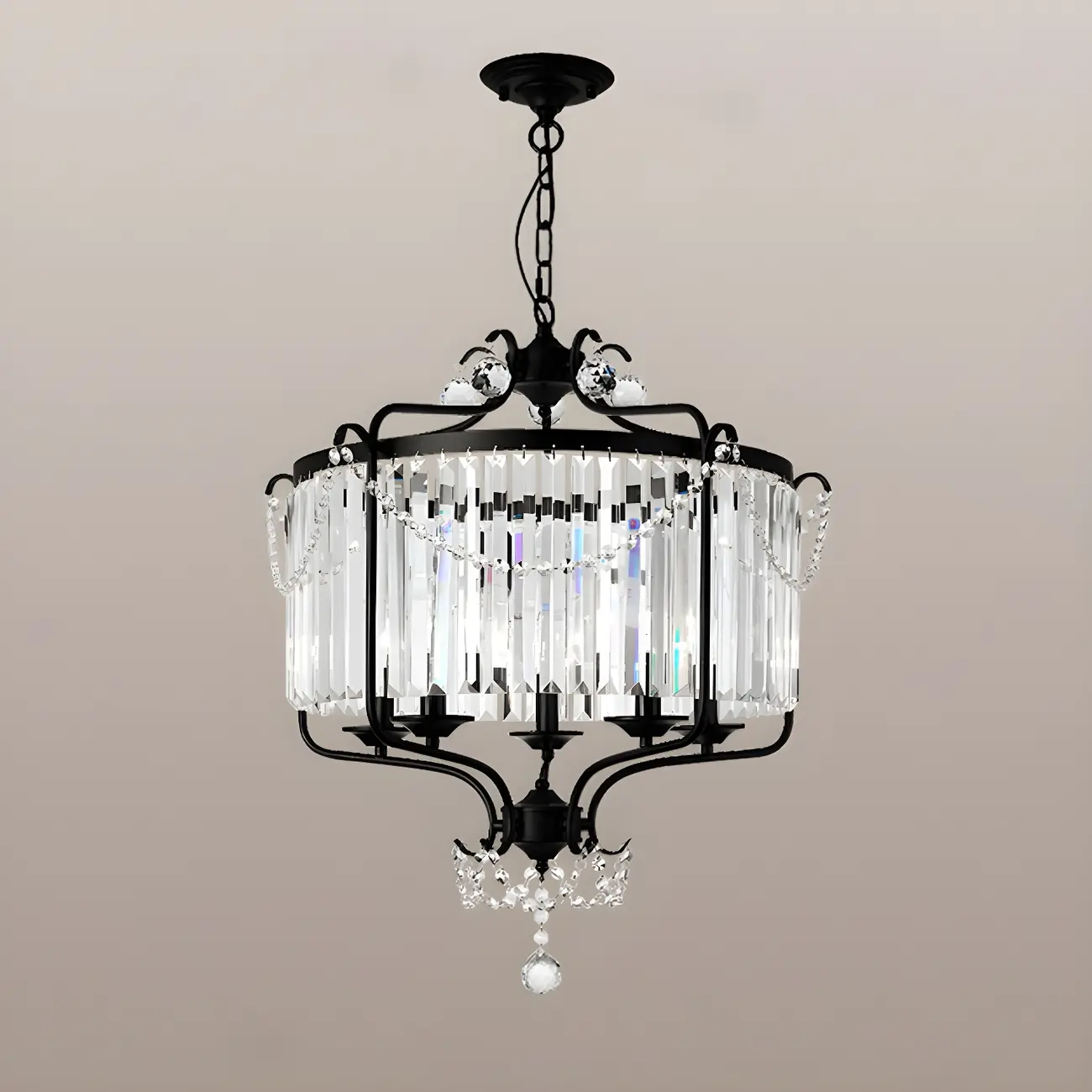 Modern Black Round Cylinder Metal Cage Crystal Chandelier