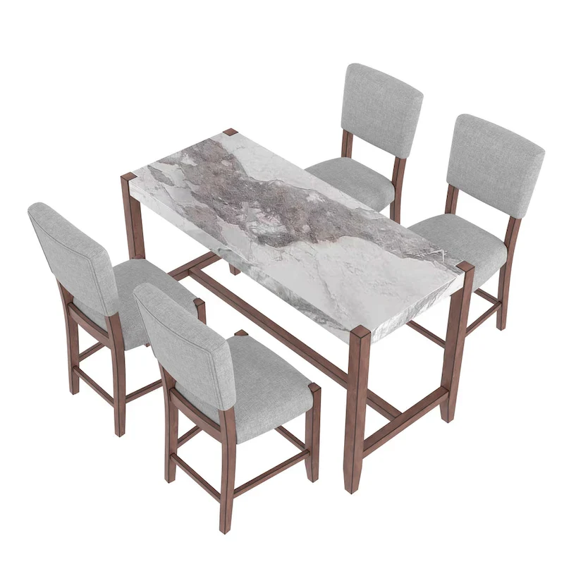5-Piece Counter Height Dining Table Set, Faux Marble Bar Table and 4 Upholstered-Seat Chairs