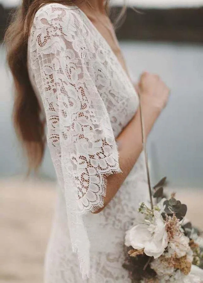 Bohemian Lace Deep V Neck Half Sleeves A Line Beach Wedding Dresses